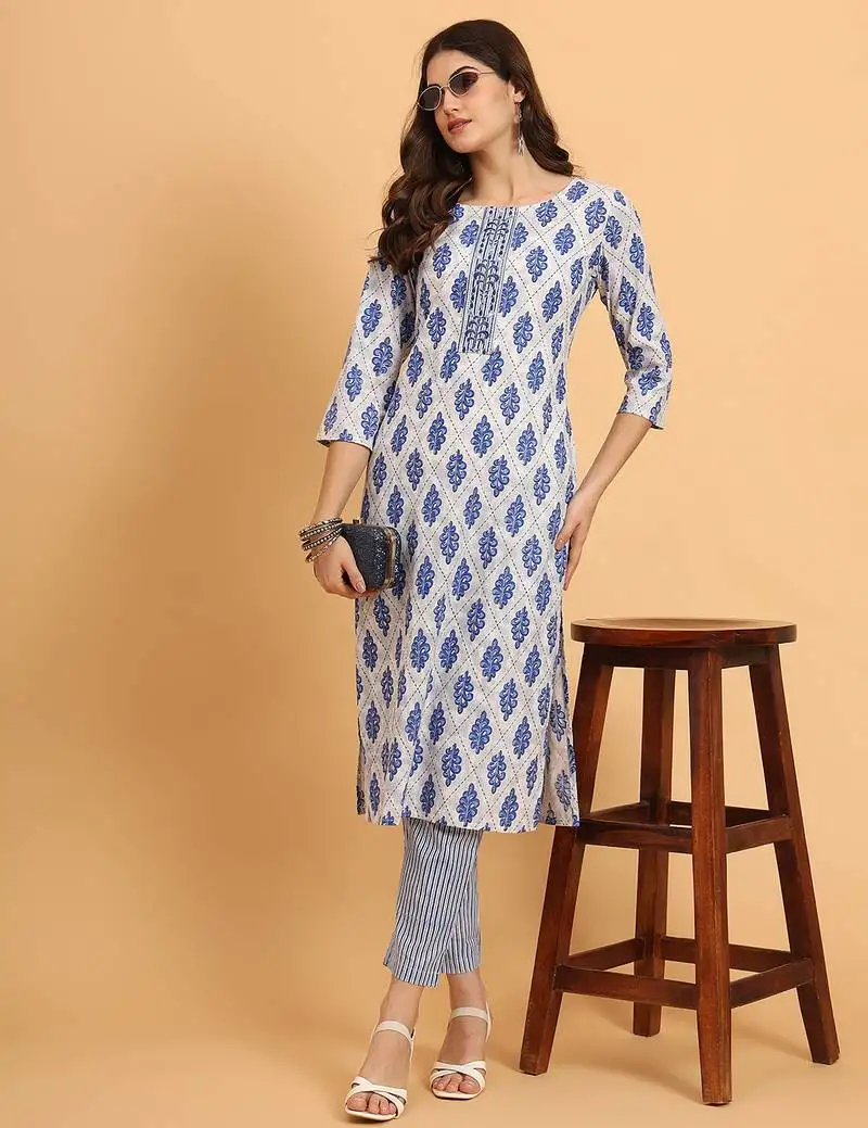 Women blue rayon printed & trim work kurta bottom set