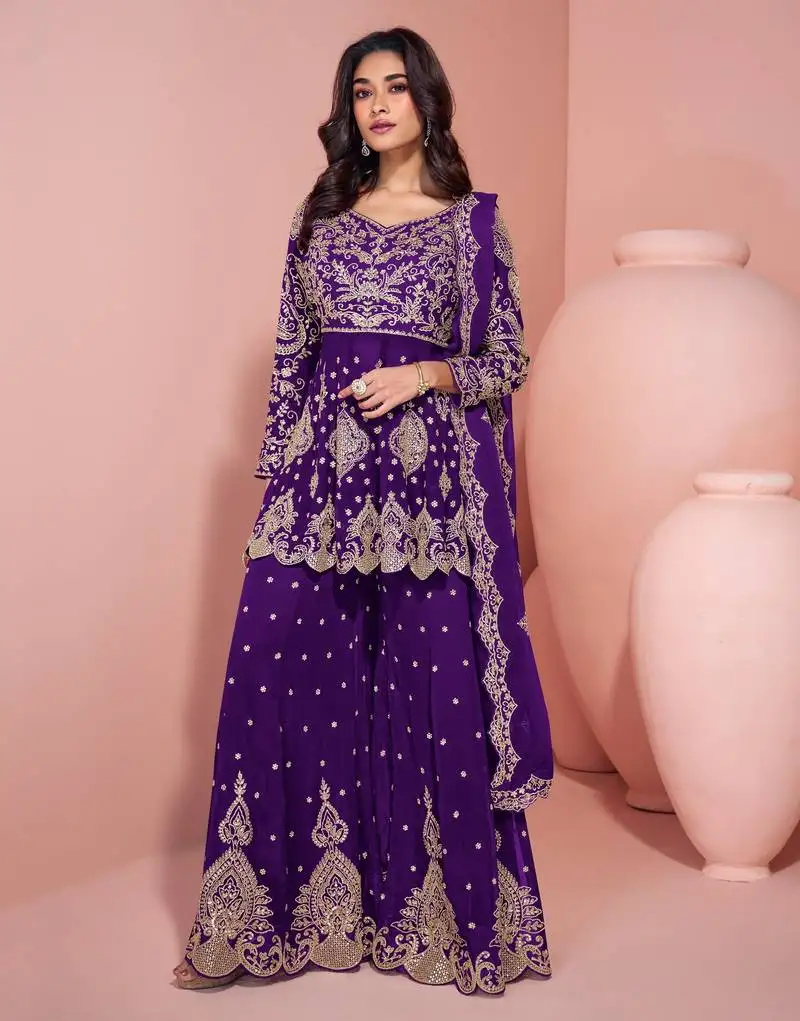 Wine color heavy wedding ceremonial wear trendy sharara dress stitched