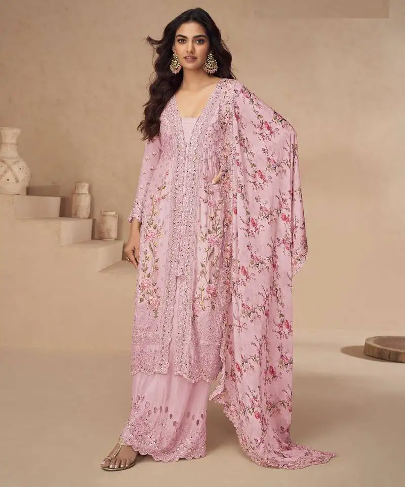 Beautiful pink color resham embroidered palazzo suit stitched