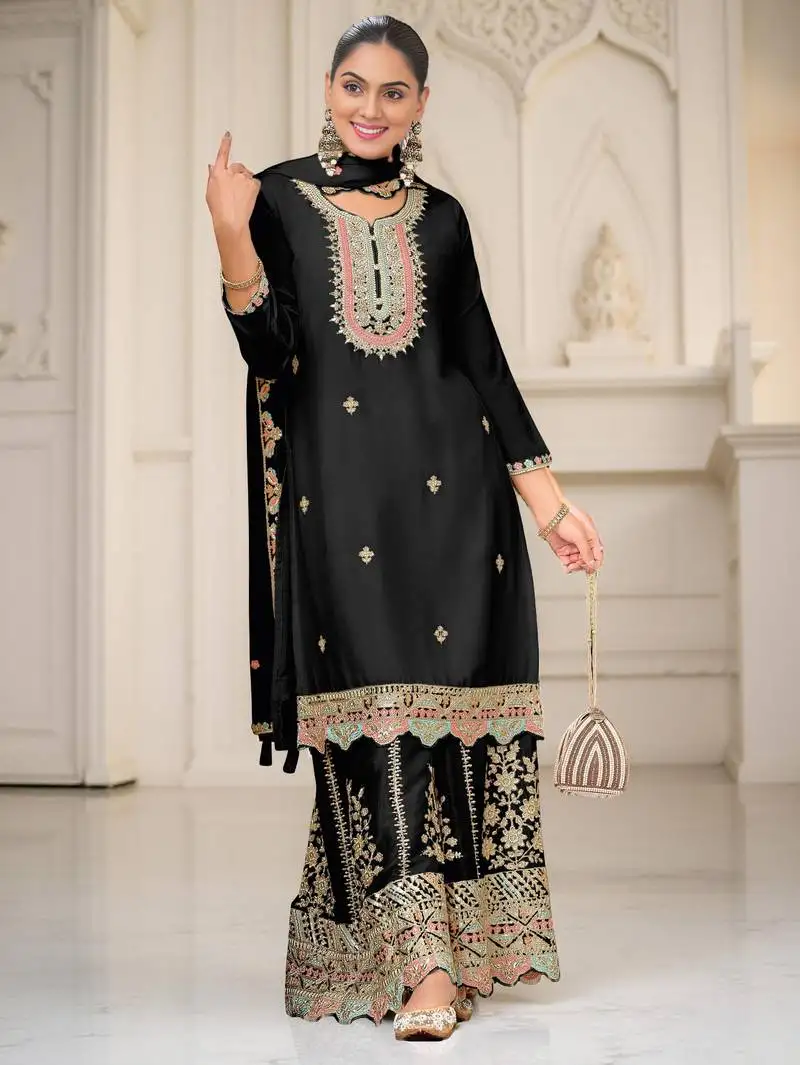 Black color chinon fabric heavy embroidered graceful partywear saree stitched