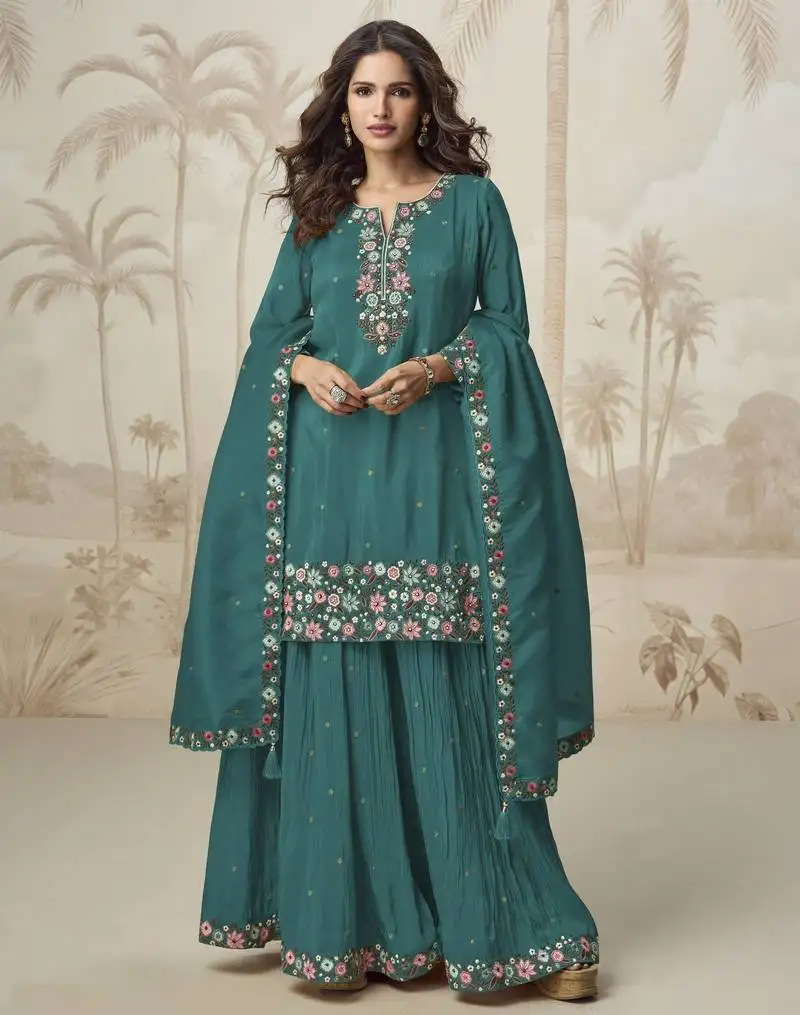Aqua green color roman simar fabric heavy embroidered palazzo dress stitched