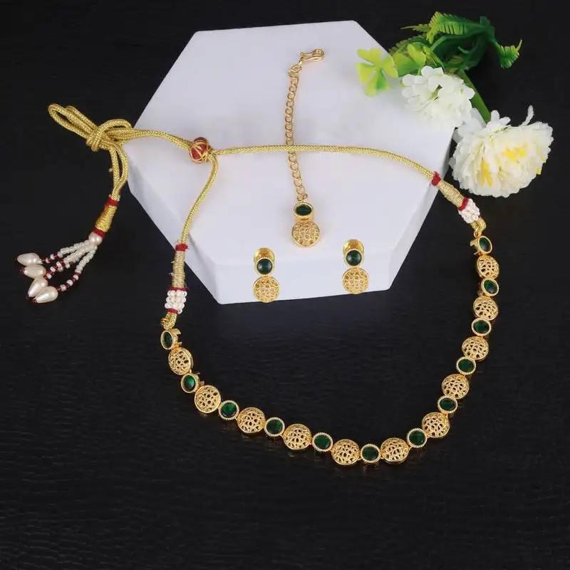 Traditional round shape filigree work gold plated choker necklace set for women