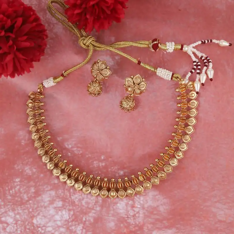 Traditional flower and rudhraksh design gold plated choker necklace set for women