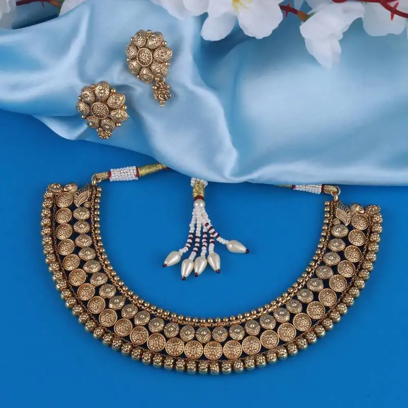 Traditional round and flower design gold plated choker necklace set for women