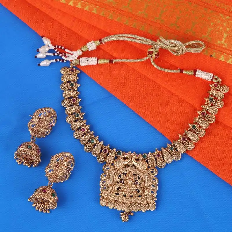 Traditional laxmi and peacock design gold plated choker necklace set for women