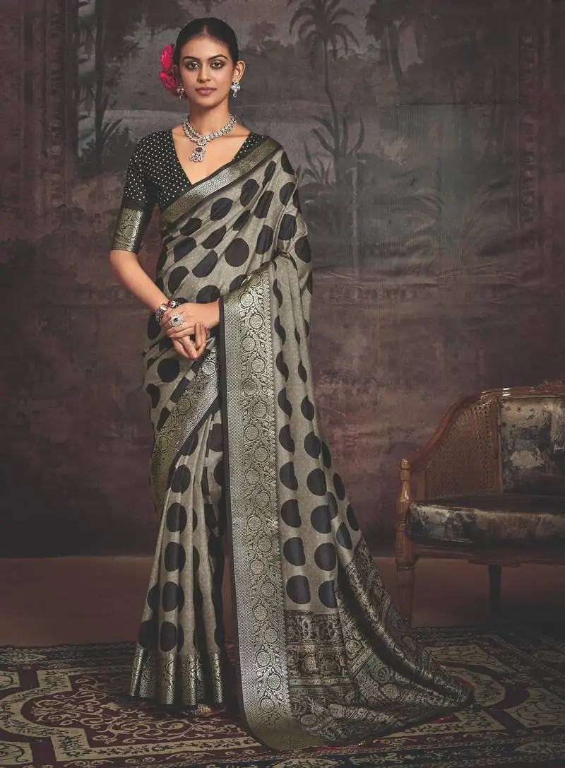 Dark grey dolla silk blend self jaquard border saree with unstitched blouse