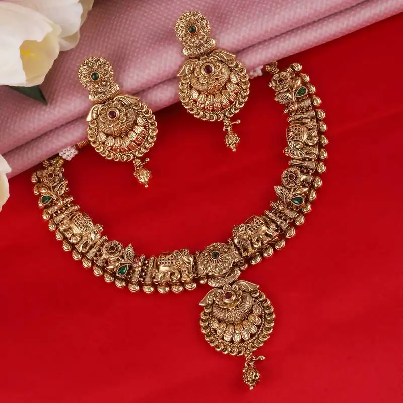 Traditional leaf flower and elephant shape gold plated choker necklace set for women