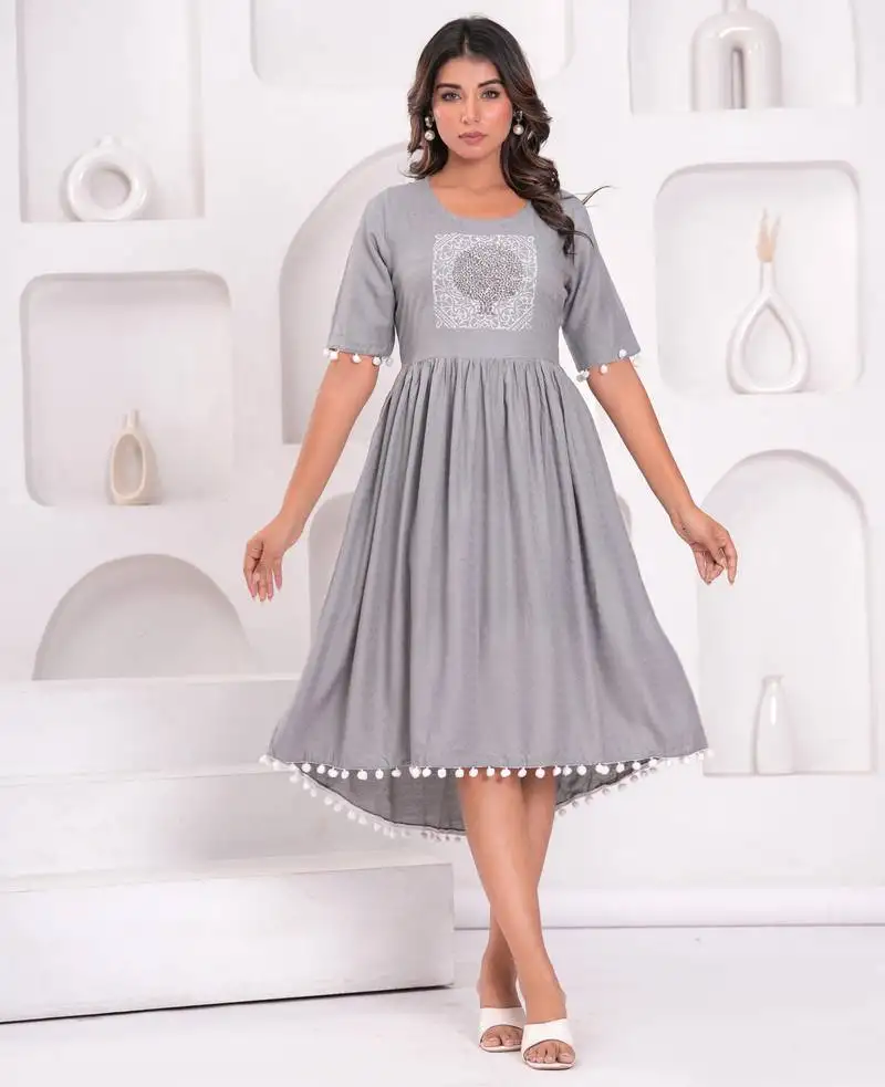 Hand block rayon dobby fabric shot high-low dress