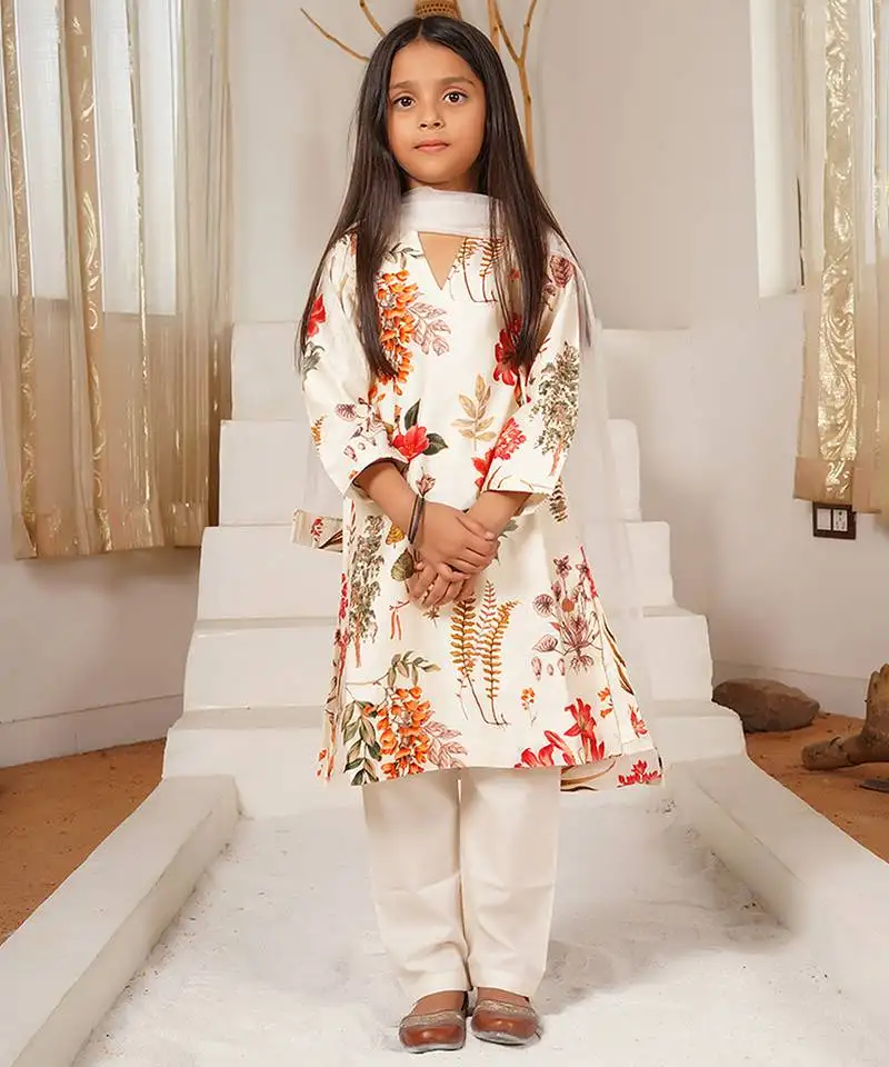 White floral printed chanderi kurta set