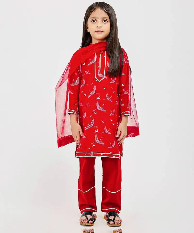 Red floral printed chanderi kurta set