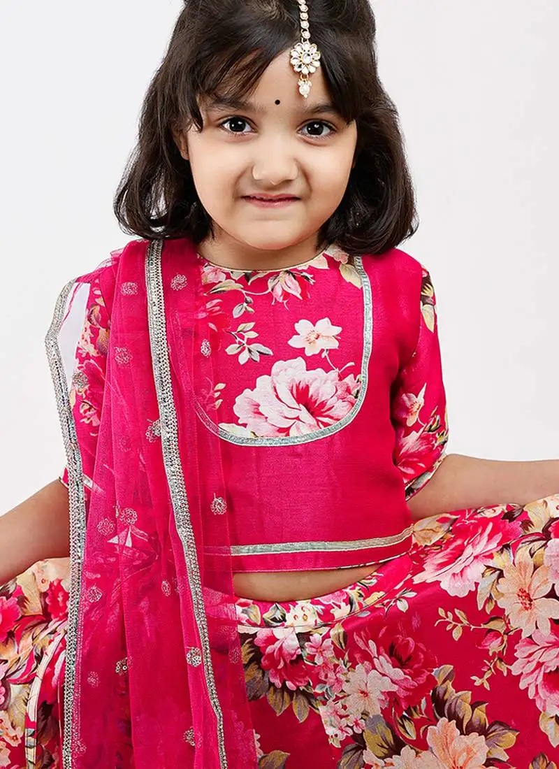 Pink floral printed chanderi lehenga