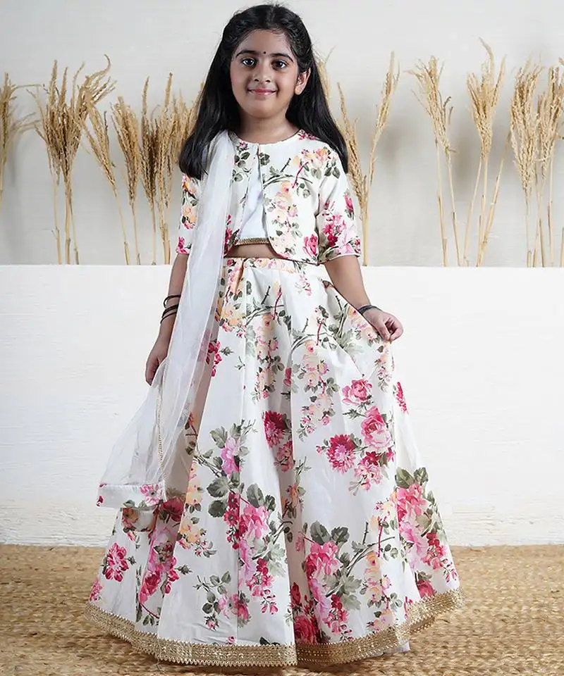 White floral printed chanderi lehenga