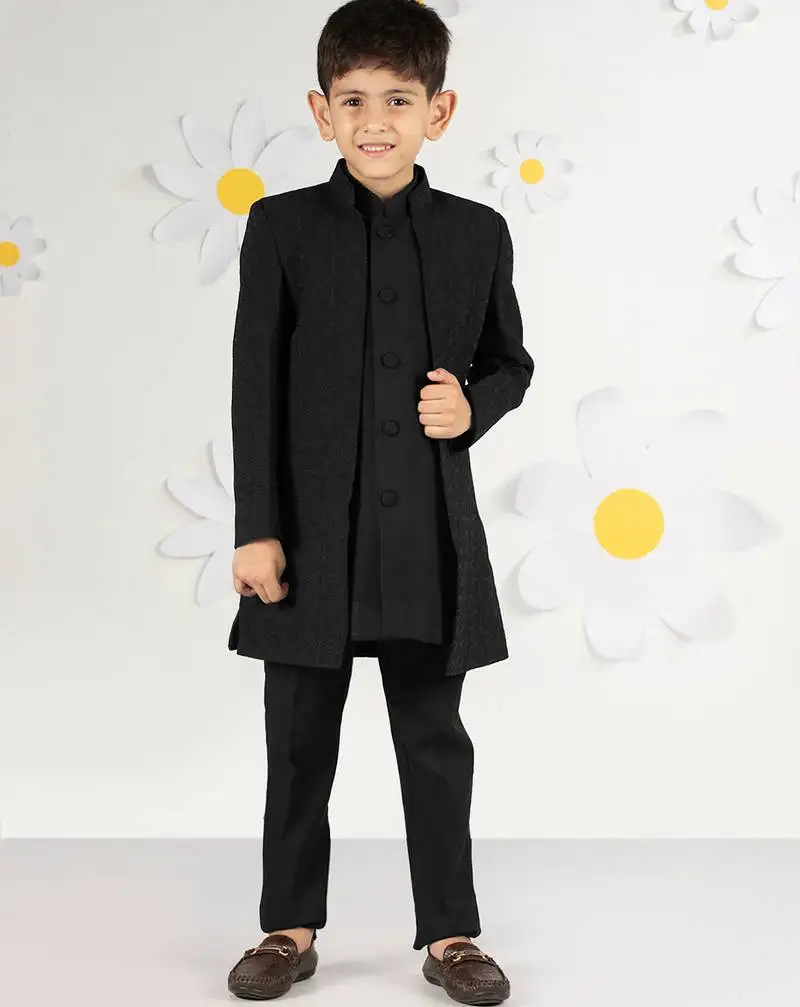 Boy's black silk kurta set - premium embossed geometric design festive wear (ages 2-8)