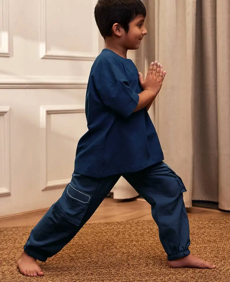 Boy's navy blue traditional yoga kurta with cargo pants - short sleeve cotton ethnic set