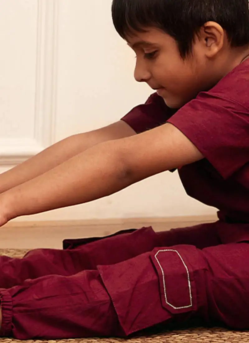 Boy's maroon traditional yoga kurta with cargo pants - short sleeve cotton ethnic set