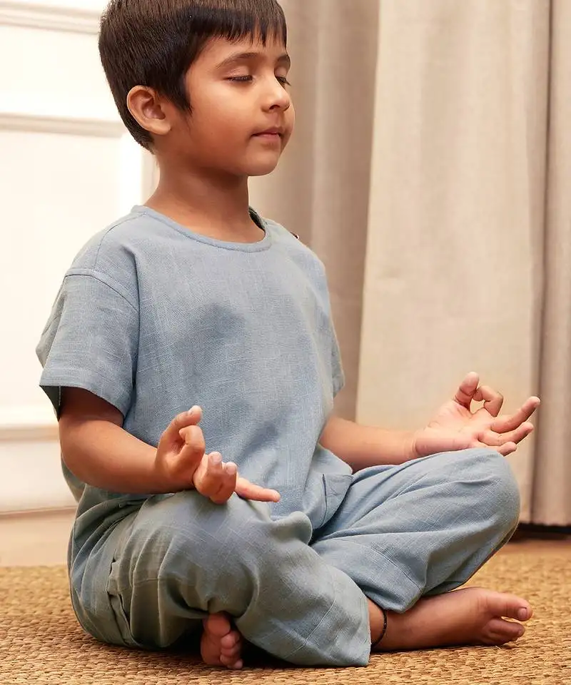 Boy's aqua traditional yoga kurta with trouser - short sleeve cotton ethnic set with patch pocket