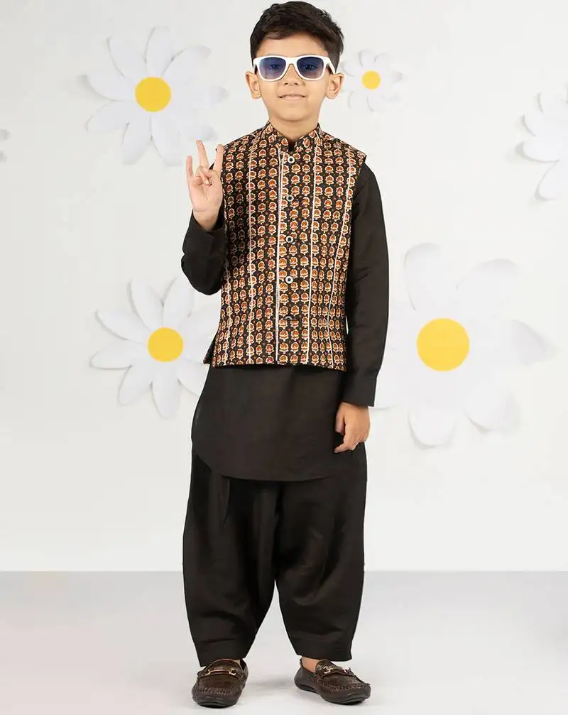 Boy's black cotton nehru jacket kurta set - floral print summer ethnic wear (size 31-35)