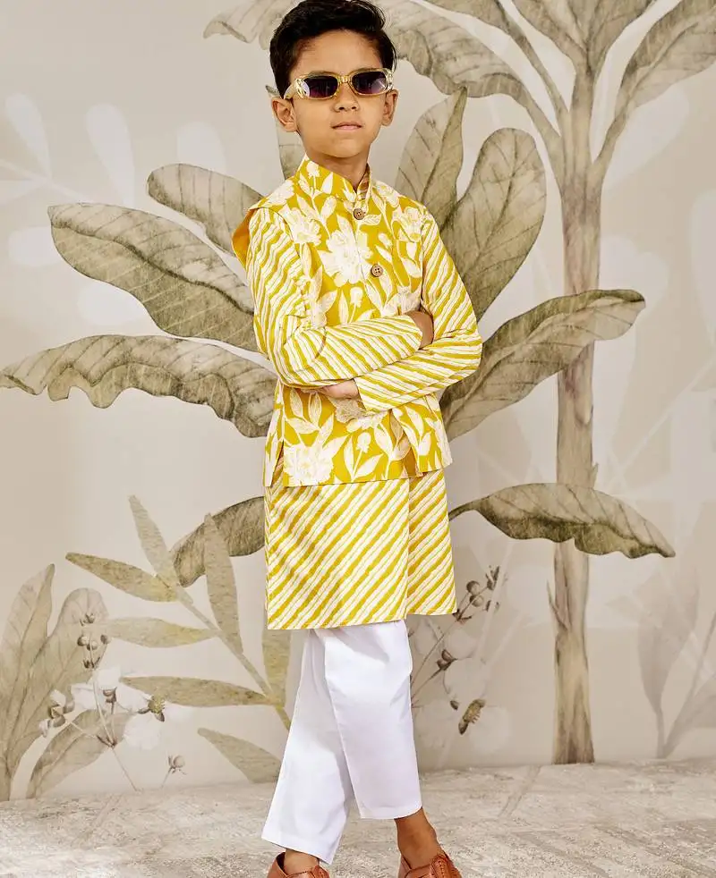 Boy's cotton nehru jacket set - yellow raksha bandhan traditional ethnic wear with embroidery (ages 2-12)