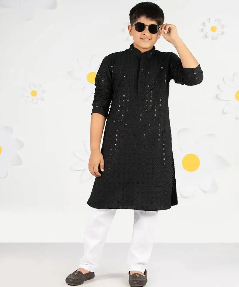 Boy's black sequin chikankari kurta pyjama set - diwali 2025 wedding premium festive ethnic wear size 20-36
