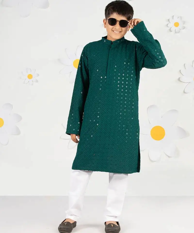 Boy's green sequin chikankari kurta pyjama set - diwali 2025 navratri wedding festive ethnic wear size 20-36