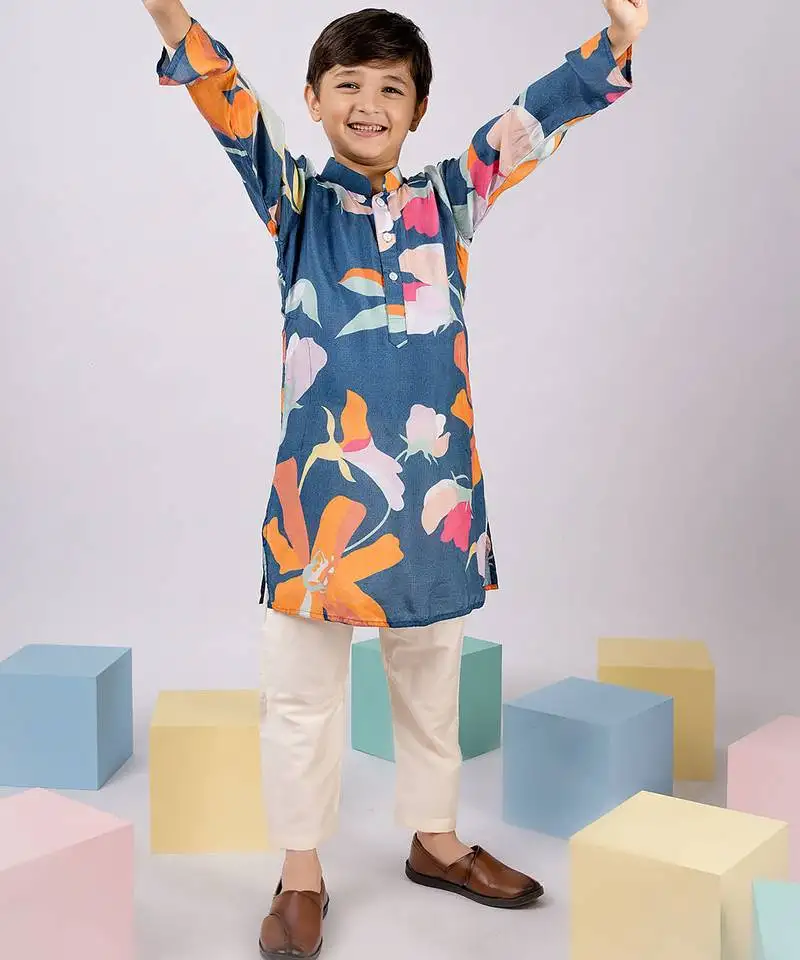 Boy's blue pure viscose kurta pyjama set with floral print - summer ethnic wear traditional dress (size 22-30)