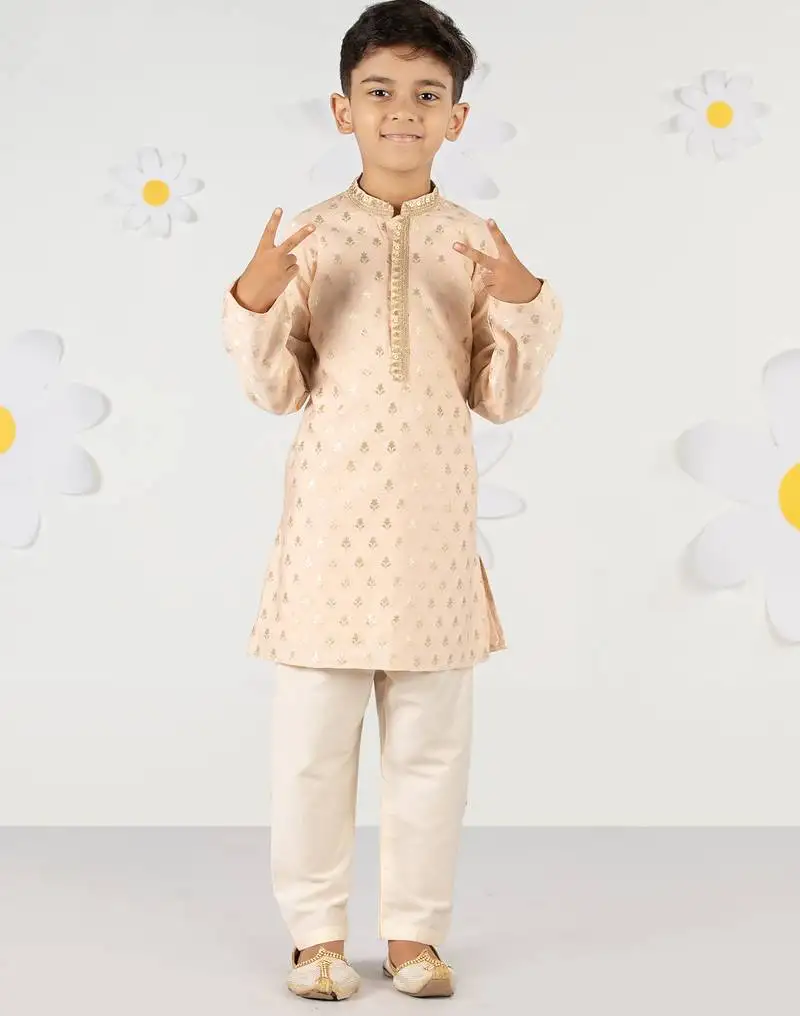 Boy's peach silk blend kurta pyjama set - sequin embroidery festive ethnic wear (size 22-30)