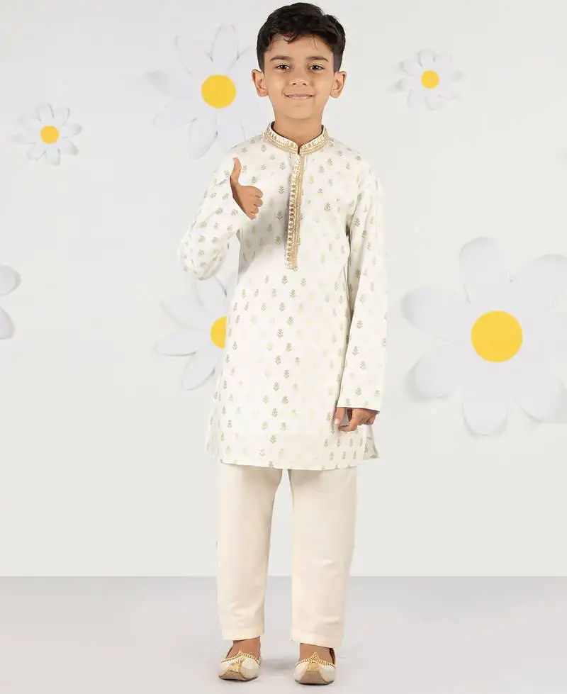 Boy's cream silk blend kurta pyjama set - sequin embroidery festive ethnic wear (size 22-30)
