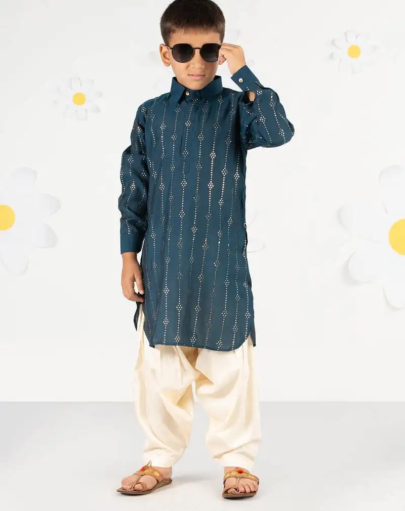 Boy's turquoise kurta patiala set - foil print modal chanderi ethnic wear festive collection