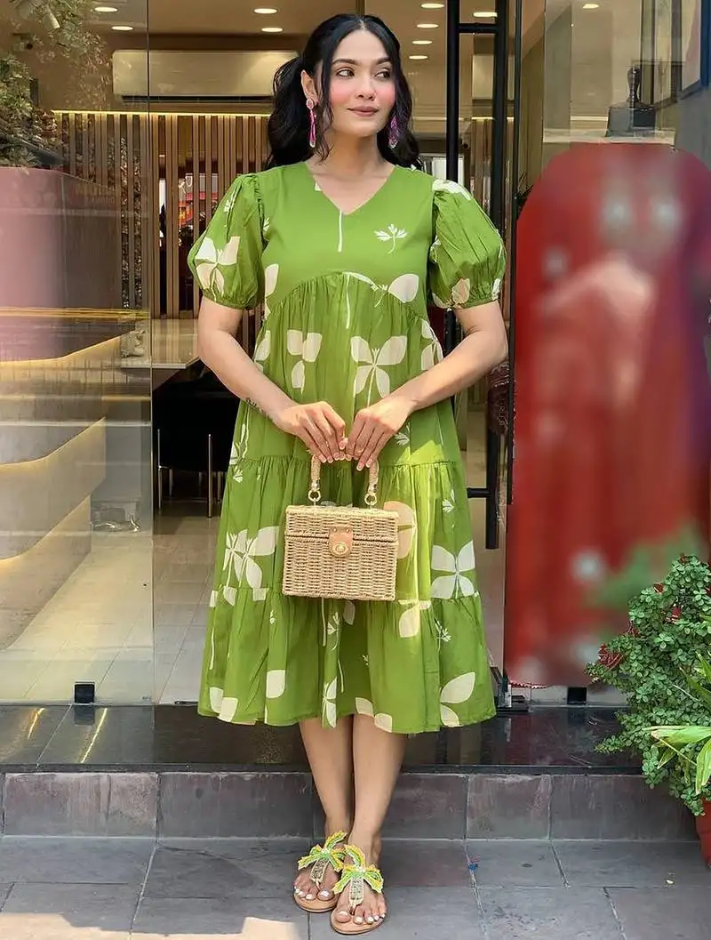 Parrot green rayon printed kurta