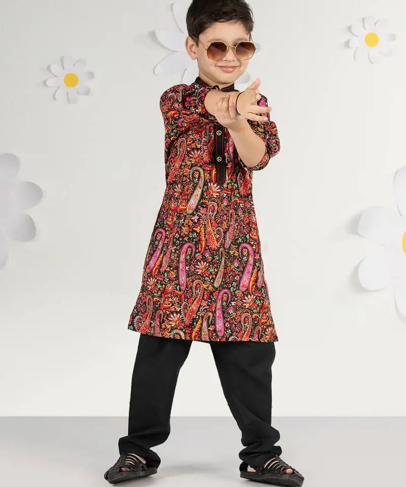 Boy's black kurta pyjama set - paisley print crepe summer ethnic wear casual collection