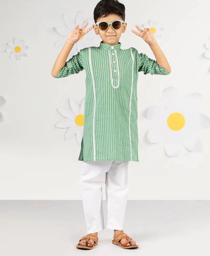 Boy's green kurta pyjama set - kantha work cotton summer ethnic wear traditional collection