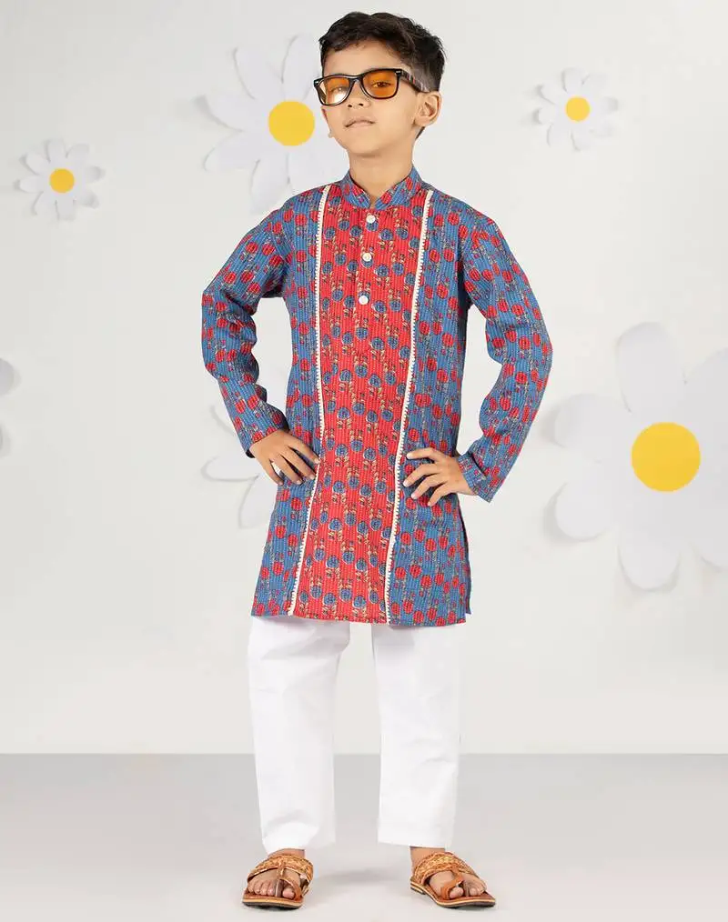 Boy's blue kurta pyjama set - kantha work floral print cotton summer ethnic wear collection
