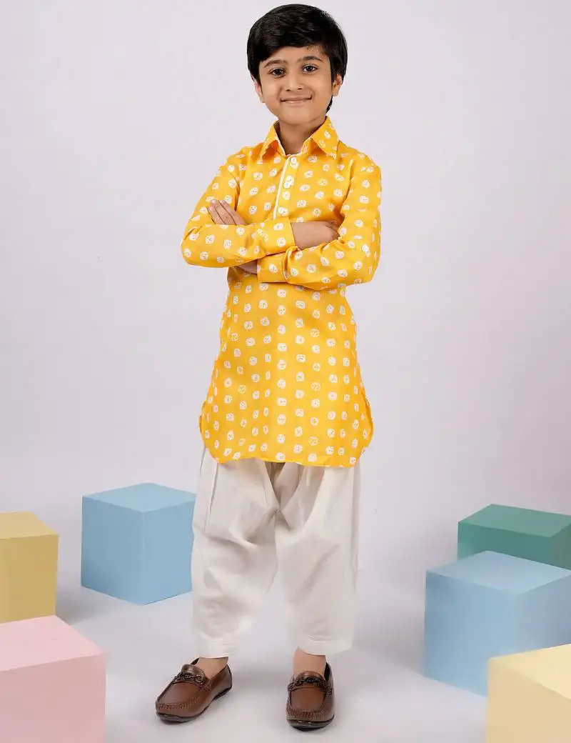 Boy's yellow linen slub kurta patiala set floral print - summer traditional wear (size 22-30)