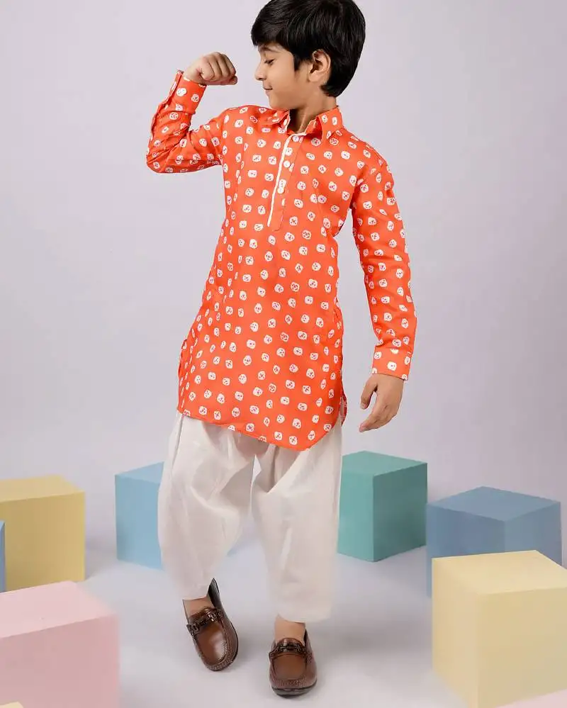 Boy's orange linen slub kurta patiala set floral print - summer traditional wear (size 22-30)