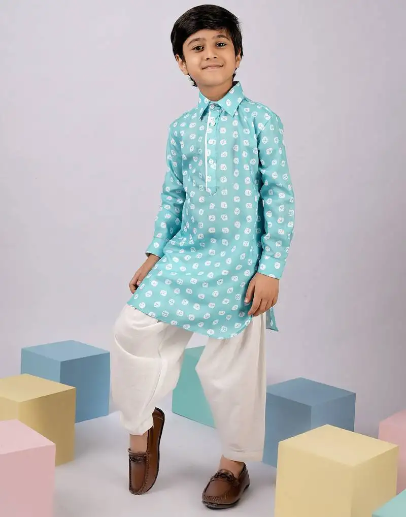 Boy's aqua linen slub kurta patiala set floral print - summer traditional wear (size 22-30)