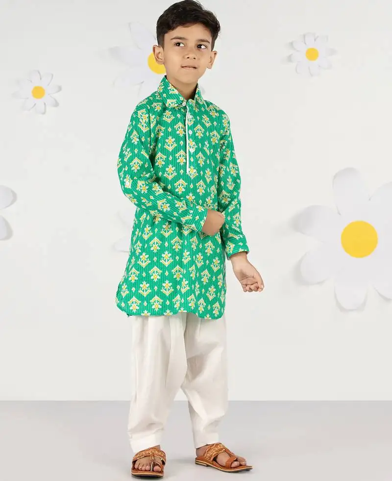 Boy's green cotton kurta patiala set - summer kantha work with digital print (ages 2-8)