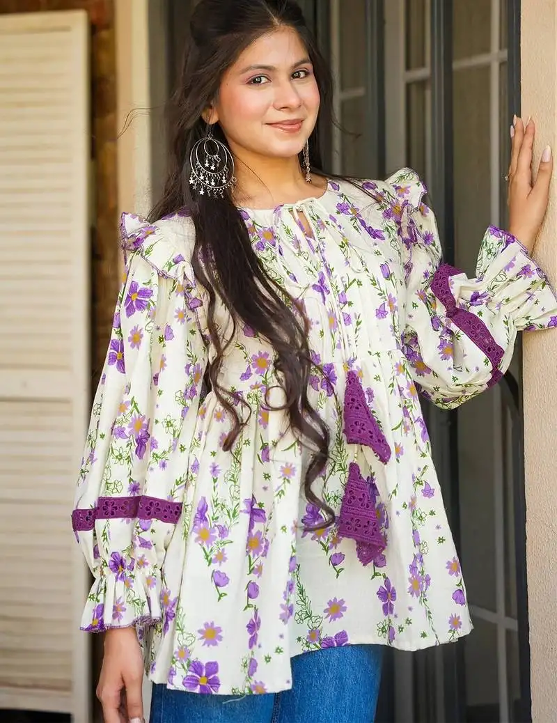 Off white cotton printed top