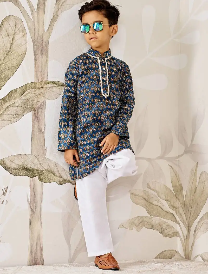 Boy's cotton kurta pyjama set - blue raksha bandhan traditional ethnic wear with kantha work (ages 2-12)