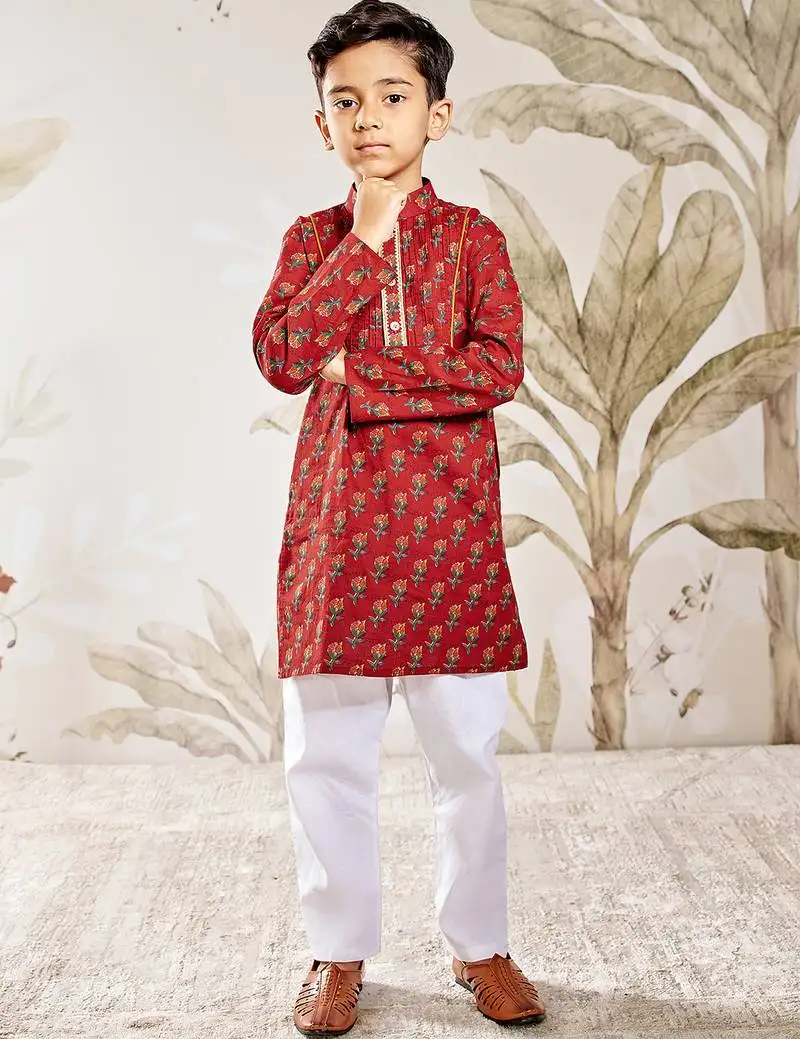 Boy's cotton kurta pyjama set - red raksha bandhan traditional ethnic wear with floral print (ages 2-12)