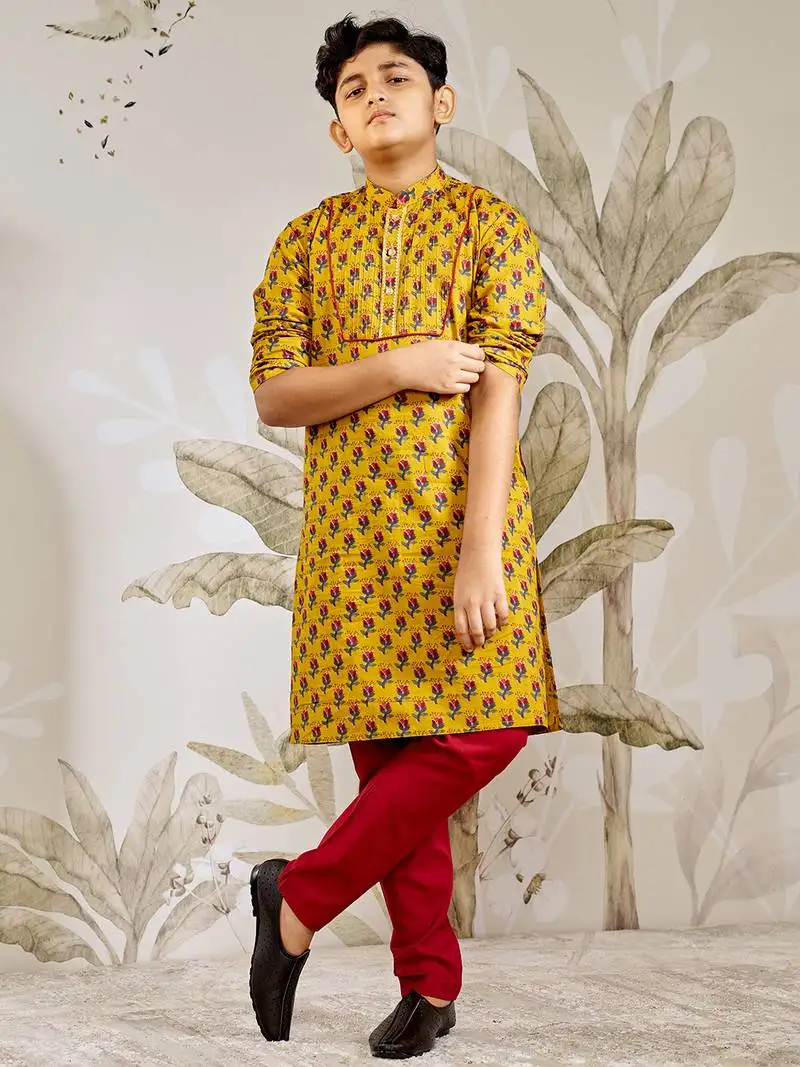 Boy's cotton kurta pyjama set - mustard raksha bandhan traditional ethnic wear with floral print (ages 2-12)