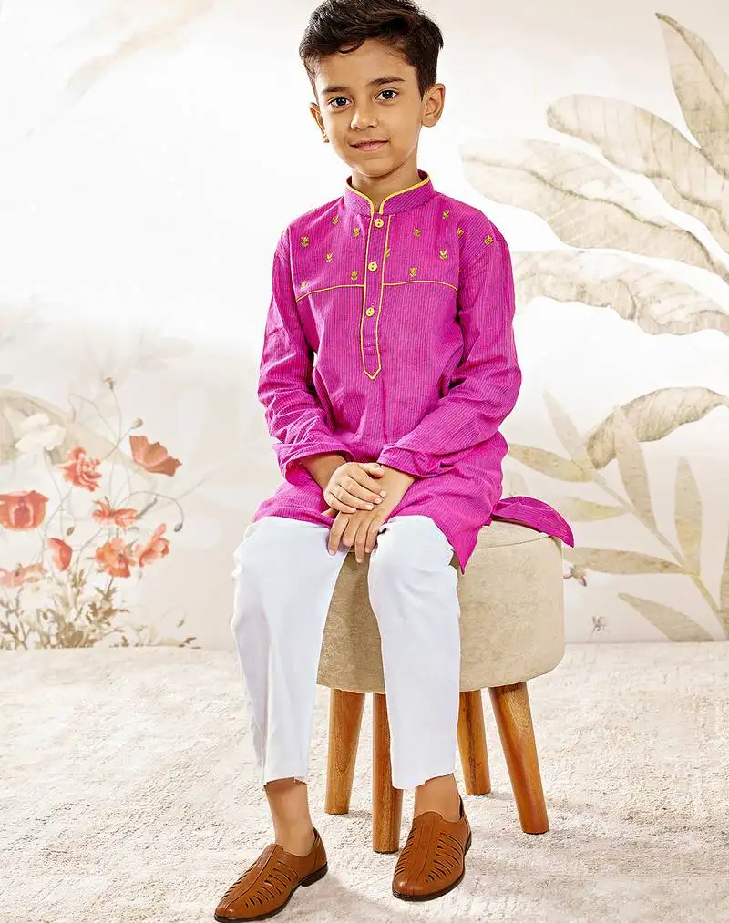 Boy's cotton kurta pyjama set - purple raksha bandhan traditional ethnic wear with thread embroidery (ages 2-12)