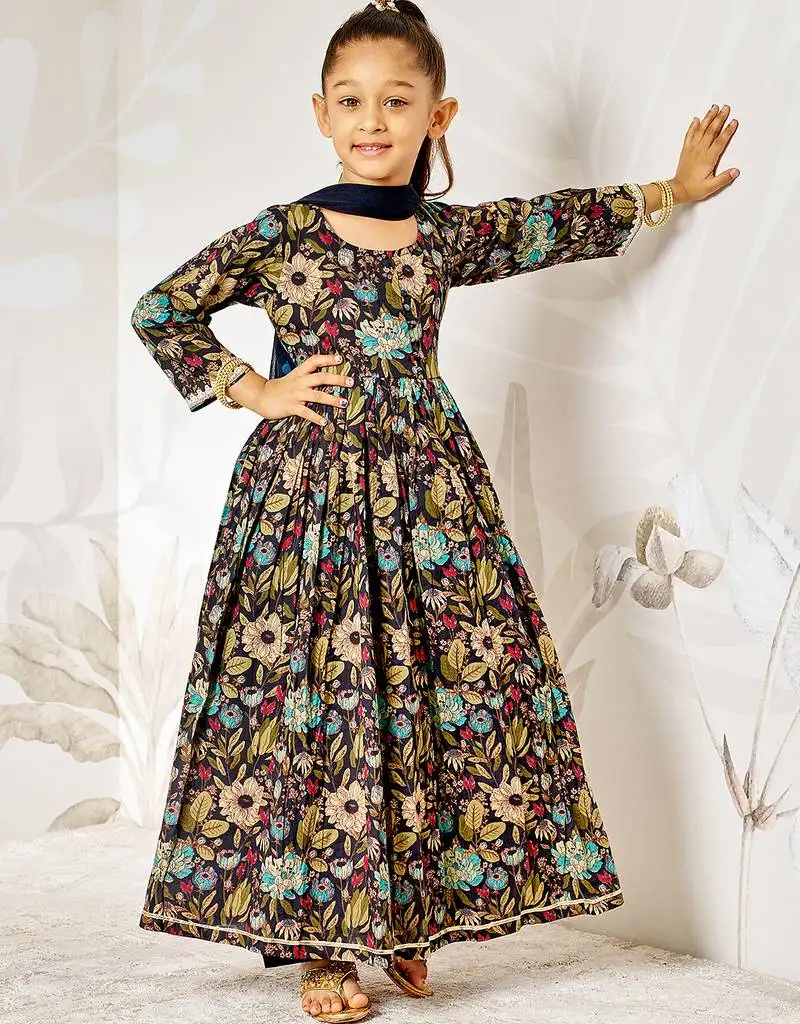 Girl's traditional black cotton anarkali pyjama set with dupatta floral print for festival wedding wear (22-30)