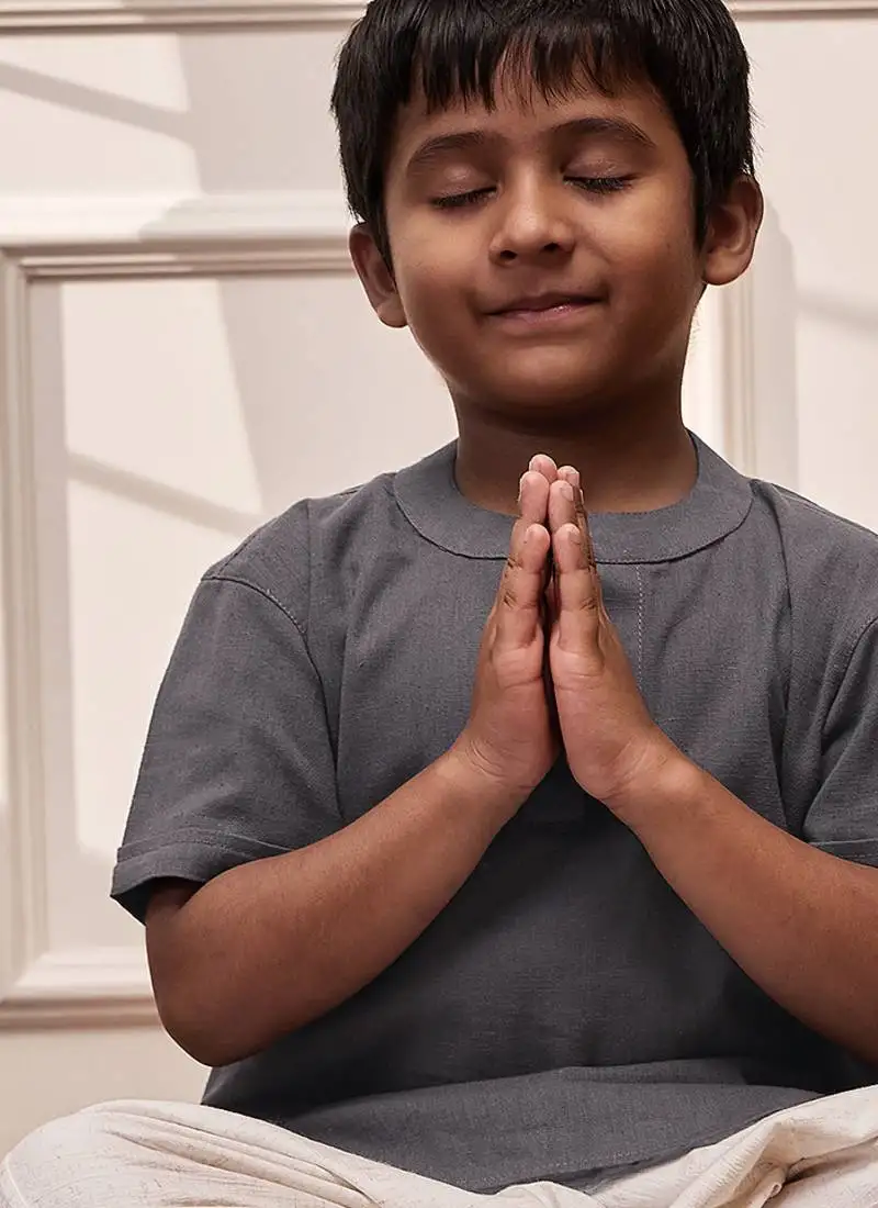 Boy's grey cotton yoga kurta harem pants set - comfortable band collar short kurta - kids sizes 22-30