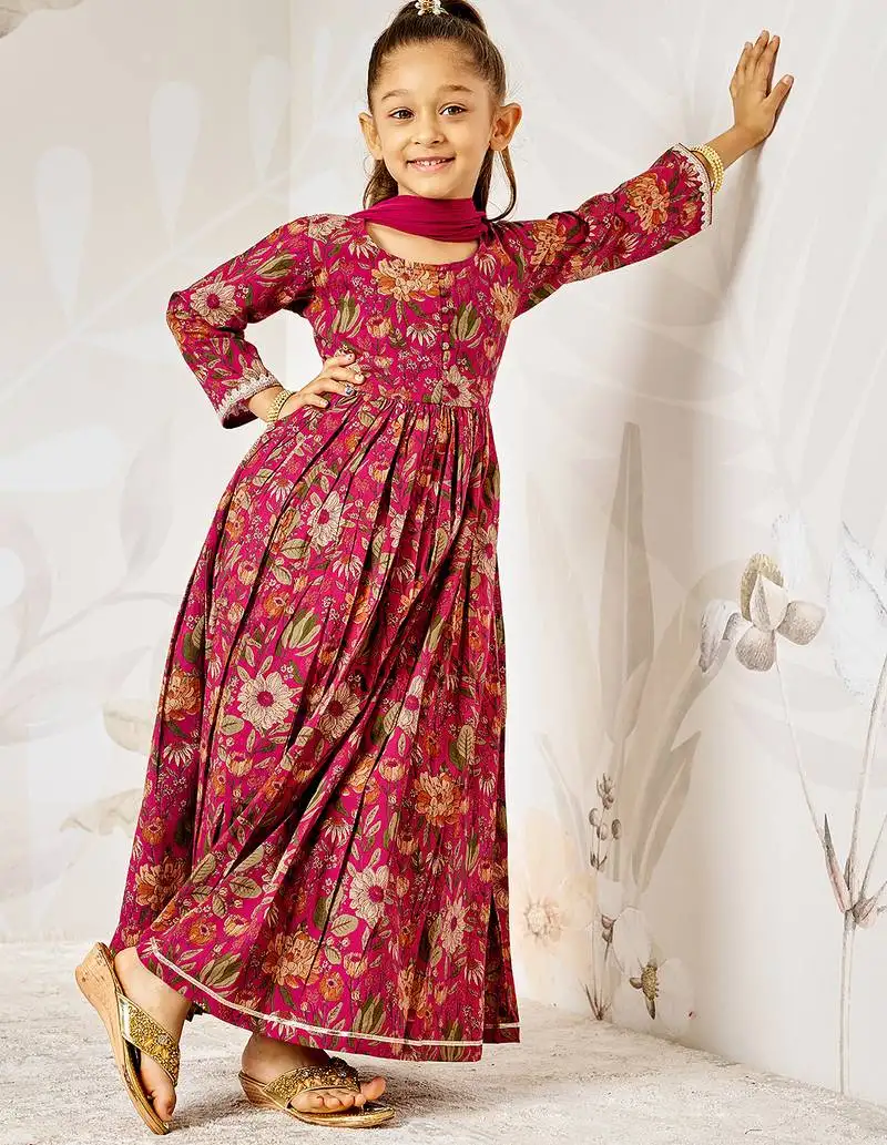 Girl's traditional falsa cotton anarkali pyjama set with dupatta floral print for festival wedding wear (22-30)