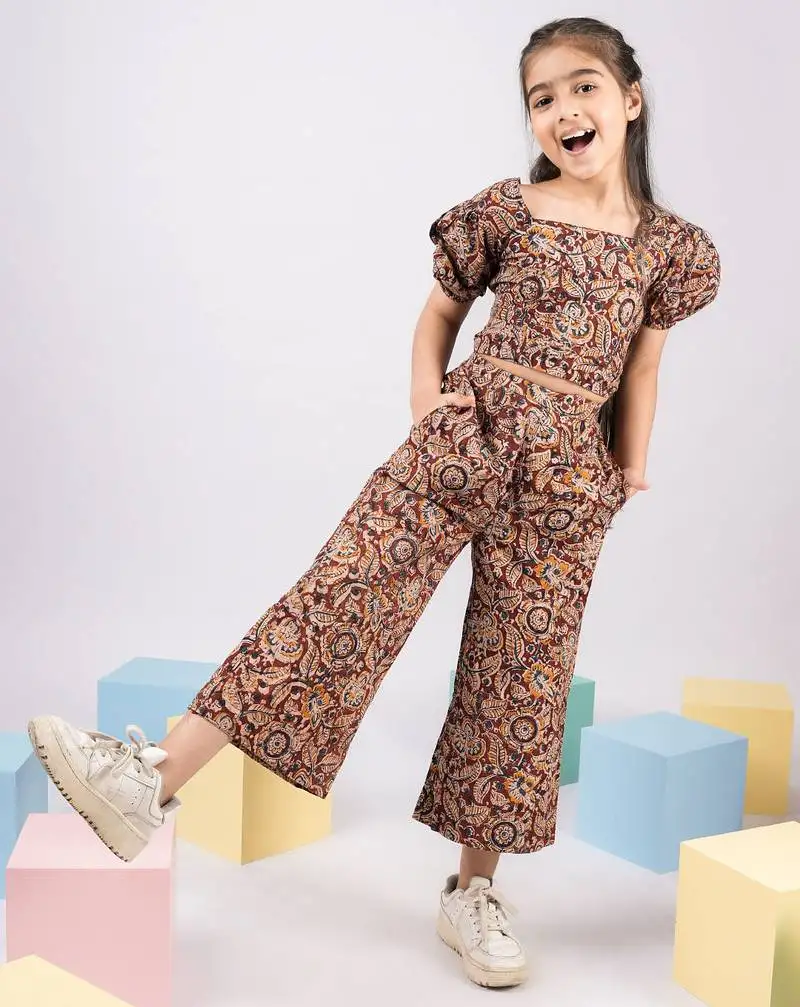 Girl's summer cotton clothing set - red kalamkari block print crop top with wide leg pants for casual wear (size 22-30)