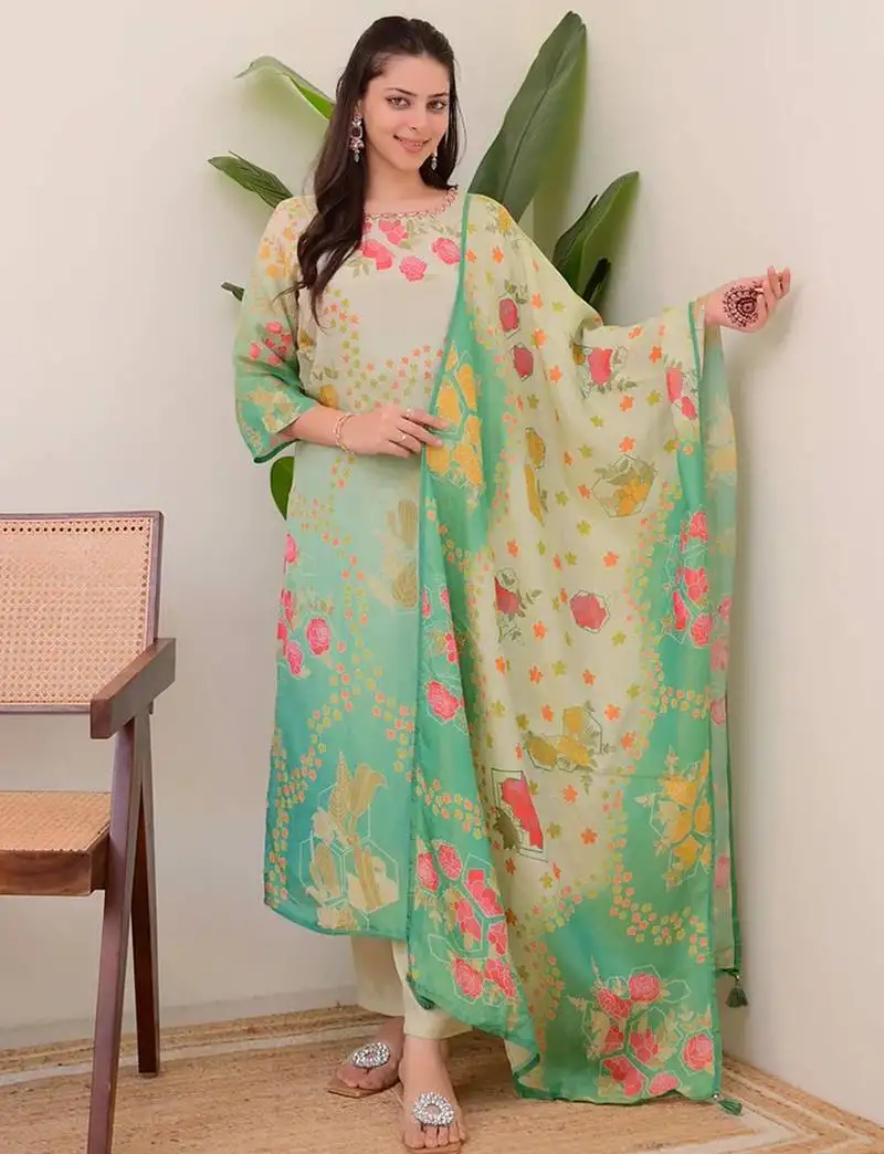 Multicolor assam silk print with work on neck kurta pant set