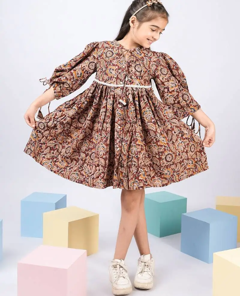 Girl's summer cotton dress - red kalamkari block print dress with band collar for casual wear (size 22-30)