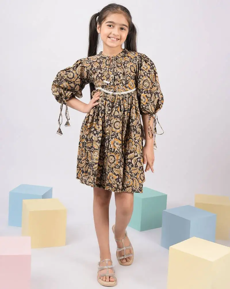 Girl's summer cotton dress - black kalamkari block print dress with band collar for casual wear (size 22-30)