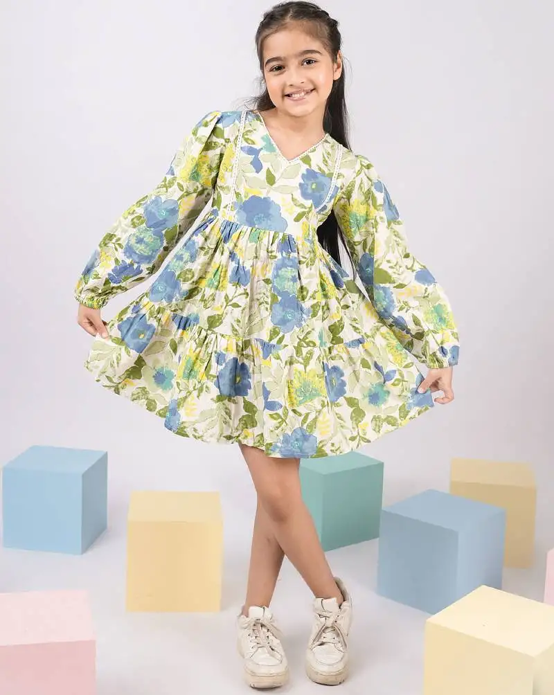 Girl's blue floral cotton dress - summer casual wear with v-neck & bishop sleeves (ages 2-8)