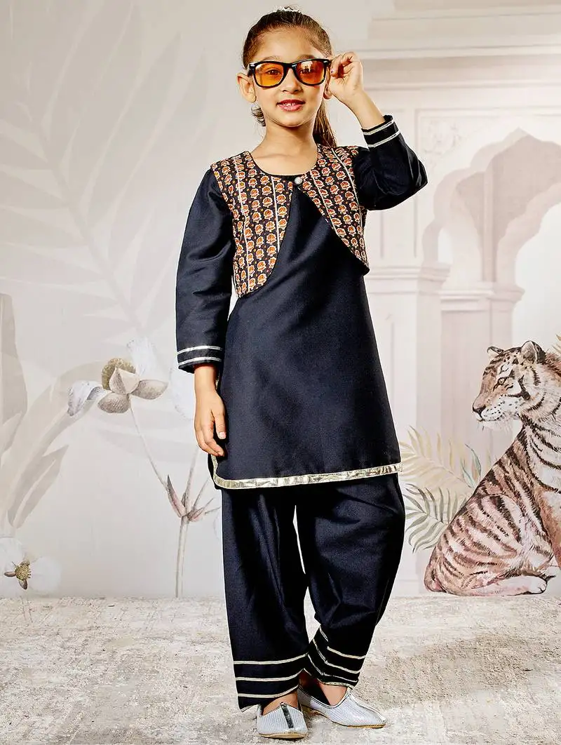 Girl's black viscose kurta patiala set - traditional raksha bandhan outfit self design festive wear eid collection